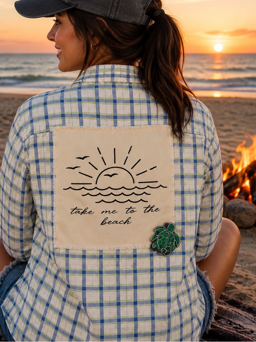 Upcycled Beach Lover Shirt: Frayed Denim and  Canvas, Medium.